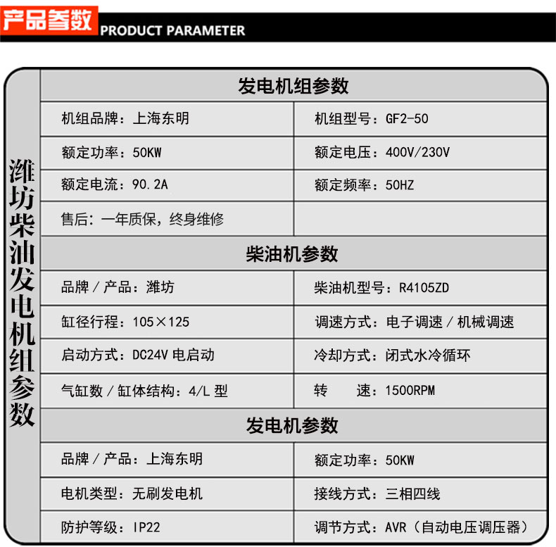50KW移動(dòng)拖車(chē)發(fā)電機(jī)參數(shù)
